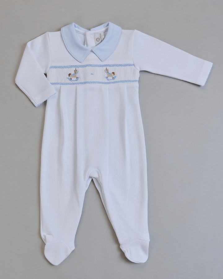 Footie Pony Baby Boy Pima Cotton Hand Smocked - White/Blue